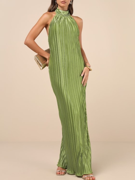 Lulus Dresses & Skirts - Lulus Gwenny Lime Green Satin Plisse Maxi Dress - Size S